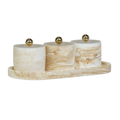 طقم أواني ضيافة رخامي ثلاثي مع صينية تقديم (بيج ودهبي)